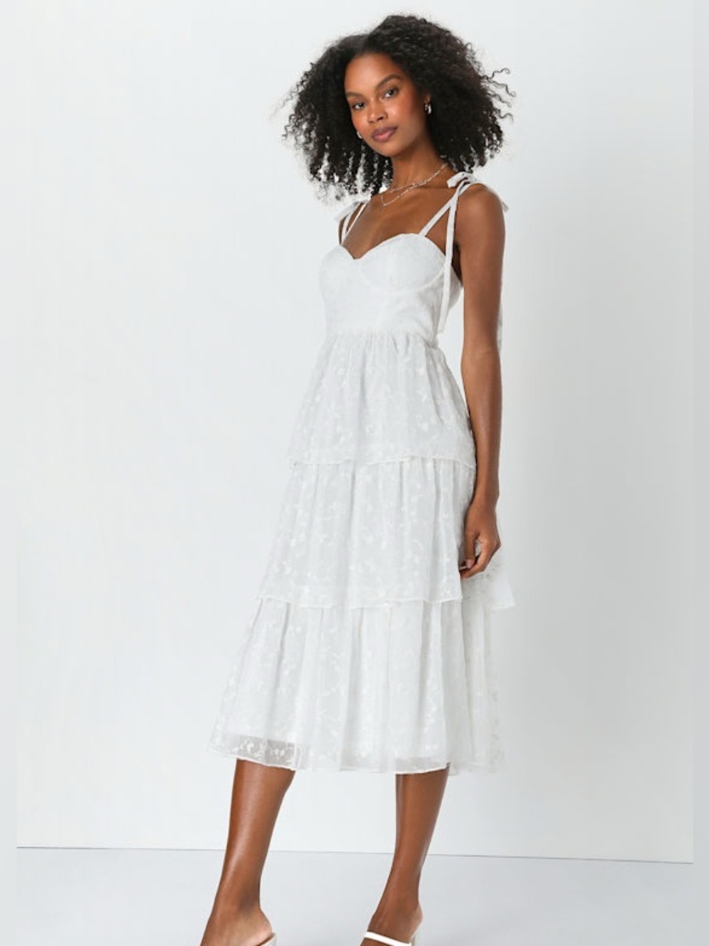 Lulus small White Tiered Lace Maxi Dress with Tie Straps